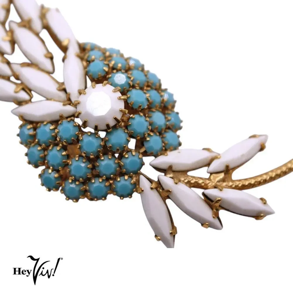 Vintage Statement Pin Brooch Prong Set Faceted White and Turquoise 3